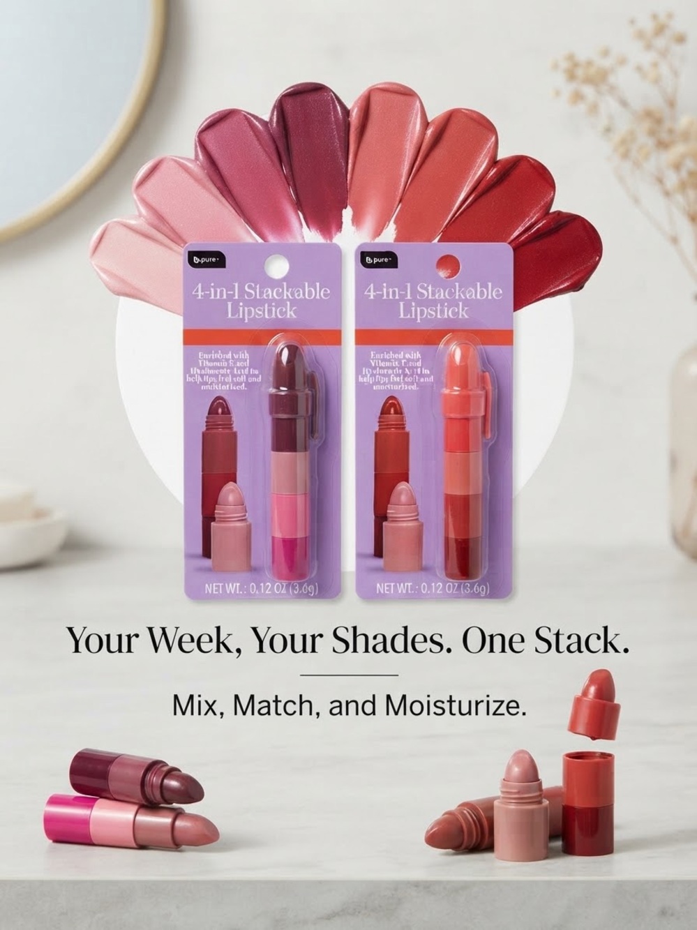 4-in-1 Stackable Lipstick - Mixed Pink & Red Shades (2)